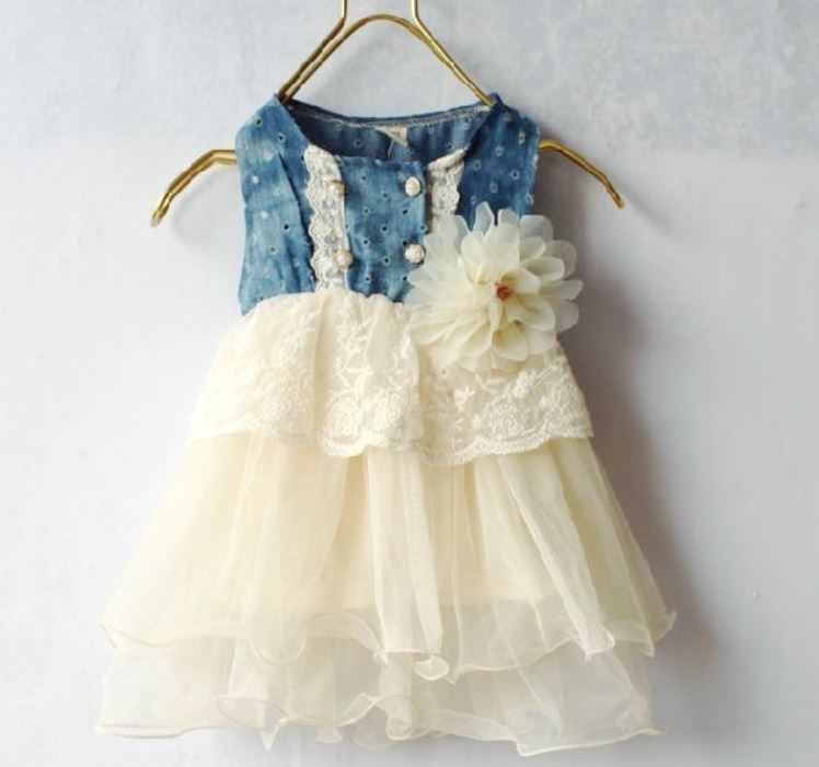 Girls Ivory Tutu Dress Denim Lace Waist Flower Corsage Denim White